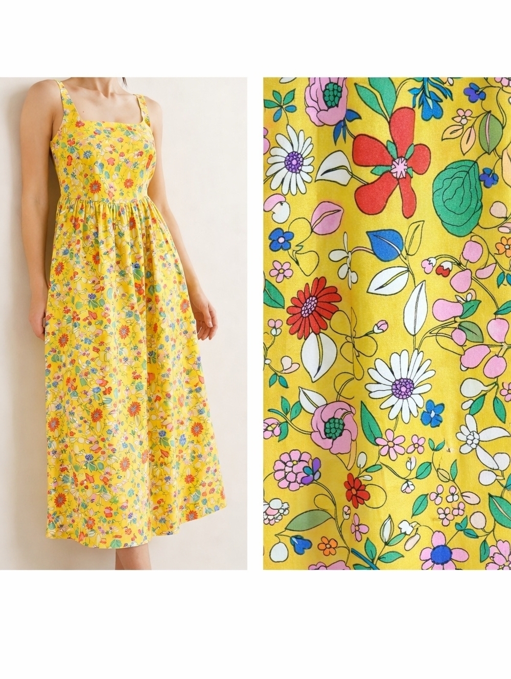 Boden Honeycomb Yellow Floral Midi Dress Square Neck Pockets Cotton Petite 4P